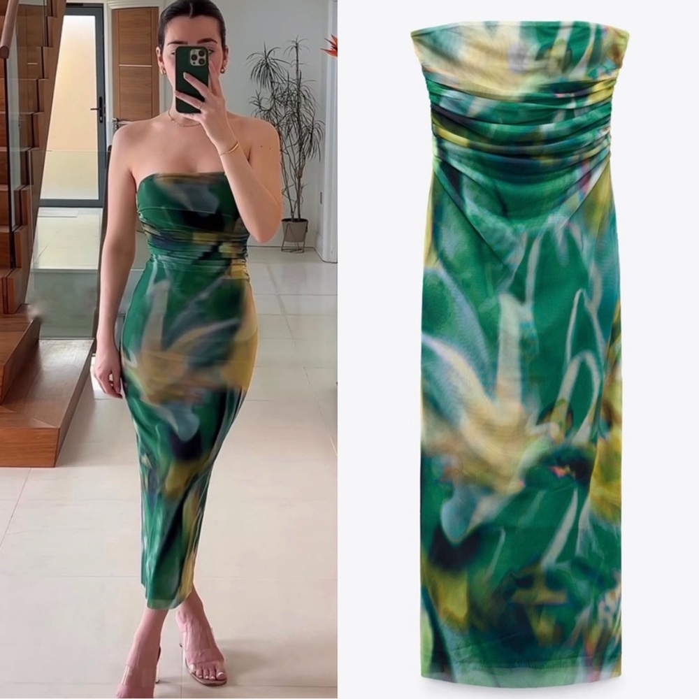 Zara Printed Tulle Mesh Strapless Midi Dress